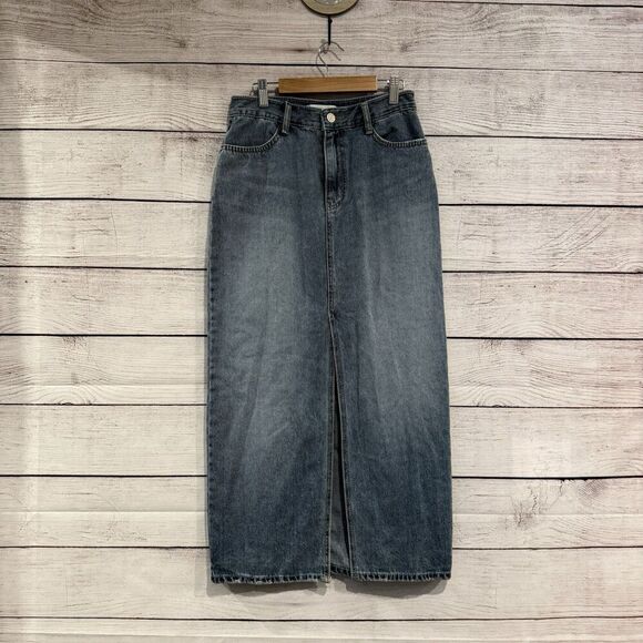 Pandora.Fit High Rise Long Denim Maxi Skirt Medium Wash Front Slit Size Medium - Picture 1 of 9
